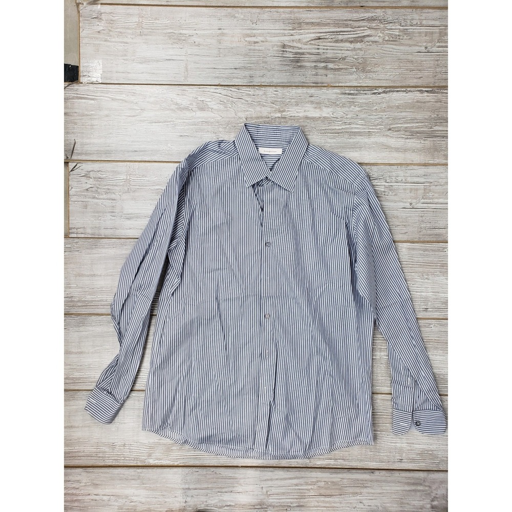 Ermenegildo Zegna Mens XL Blue White Striped Cotton Button Down Shirt Italy